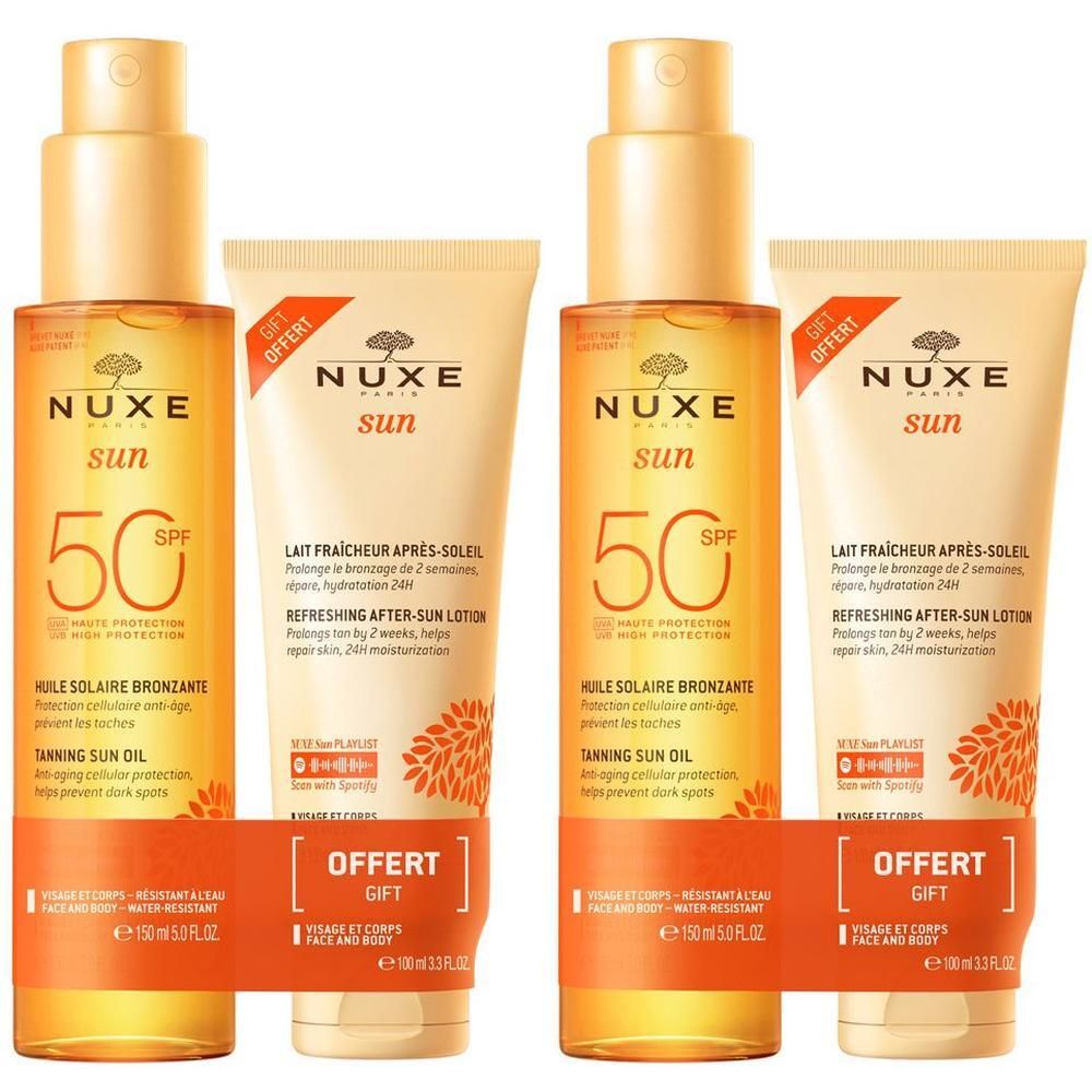 Due flaconi di olio solare abbronzante Nuxe Sun SPF 50 e due tubetti di latte doposole Nuxe Sun.