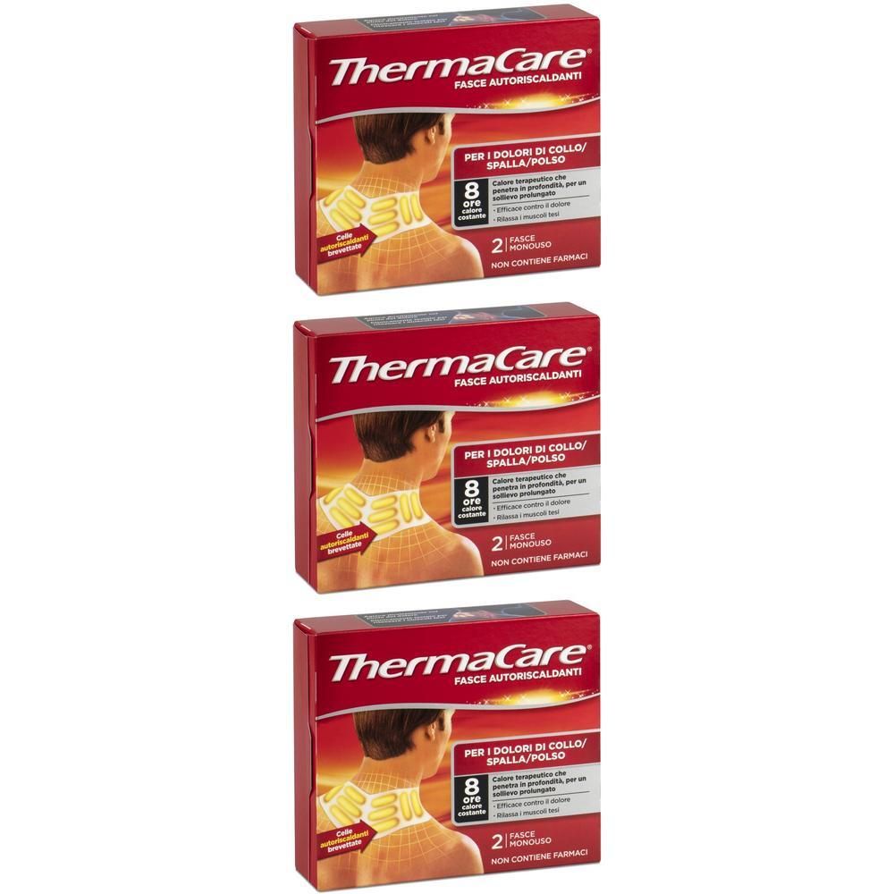 Tre confezioni di fasce autoriscaldanti ThermaCare® per collo e spalle. Ogni confezione contiene 2 fasce.