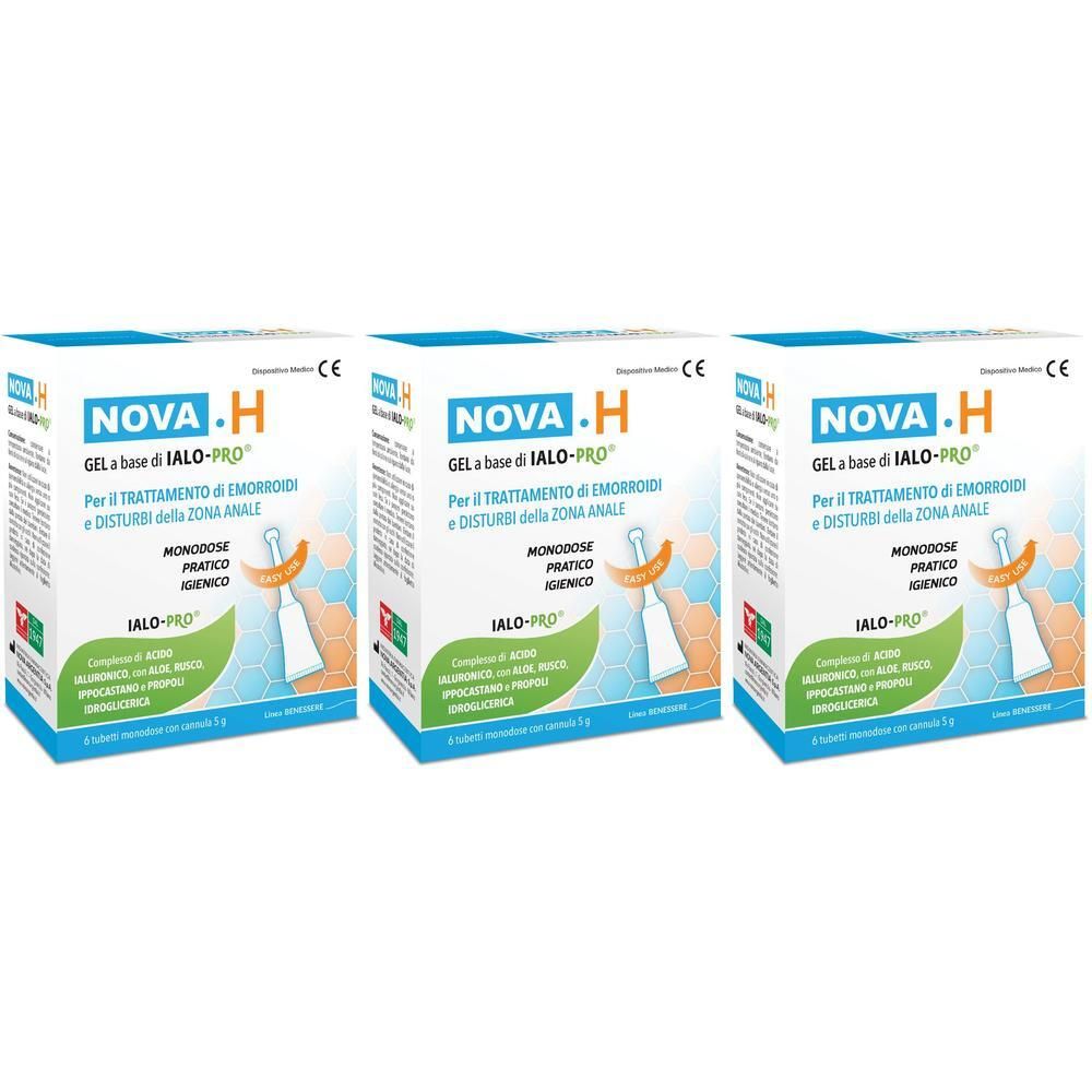 Tre confezioni di NOVA.H Gel, gel a base di IALO-PRO per il trattamento di emorroidi.