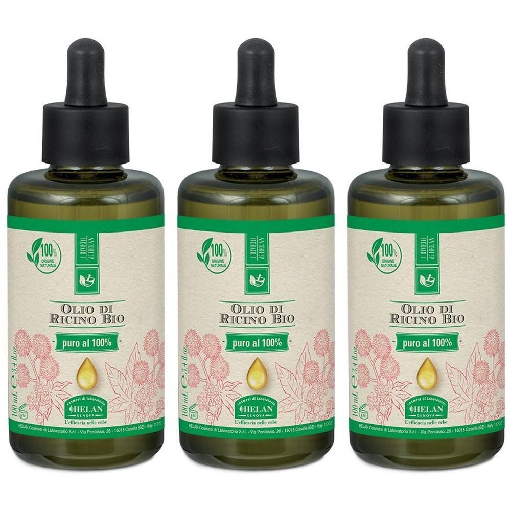 Tre flaconi di Olio di Ricino Bio con contagocce e etichetta con illustrazioni botaniche.