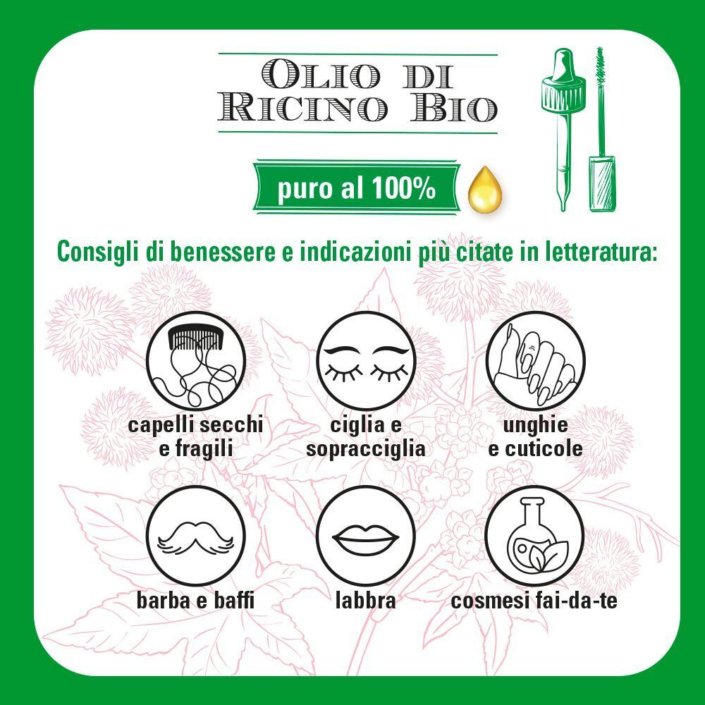 Retro della confezione di Olio di Ricino Bio con icone di applicazione per capelli, ciglia, unghie e labbra.
