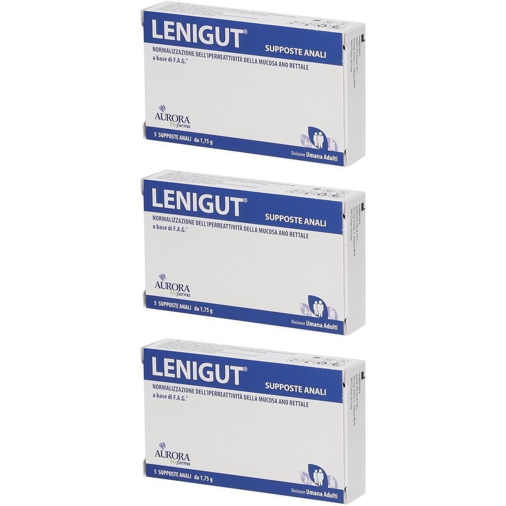 Tre confezioni di supposte anali Lenigut, 5 unità ciascuna.