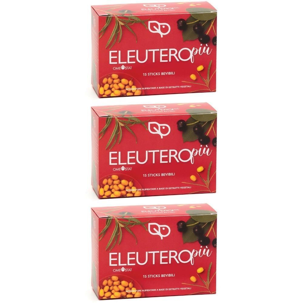Tre scatole rosse Eleutheropiu Omeostat 15 Sticks, illustrate con bacche e foglie.