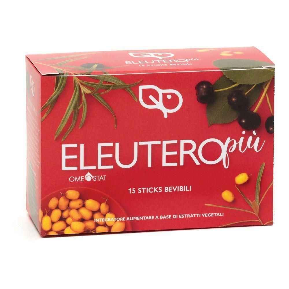 Scatola rossa con Eleuteropiu Omeostat, 15 stick bevibili.