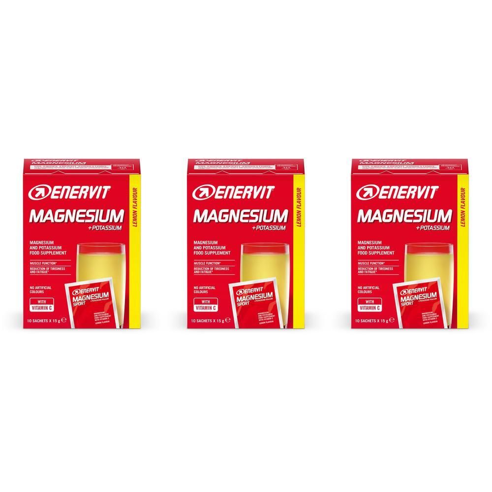Tre confezioni di ENERVIT Magnesio + Potassio, gusto limone, con Vitamina C.