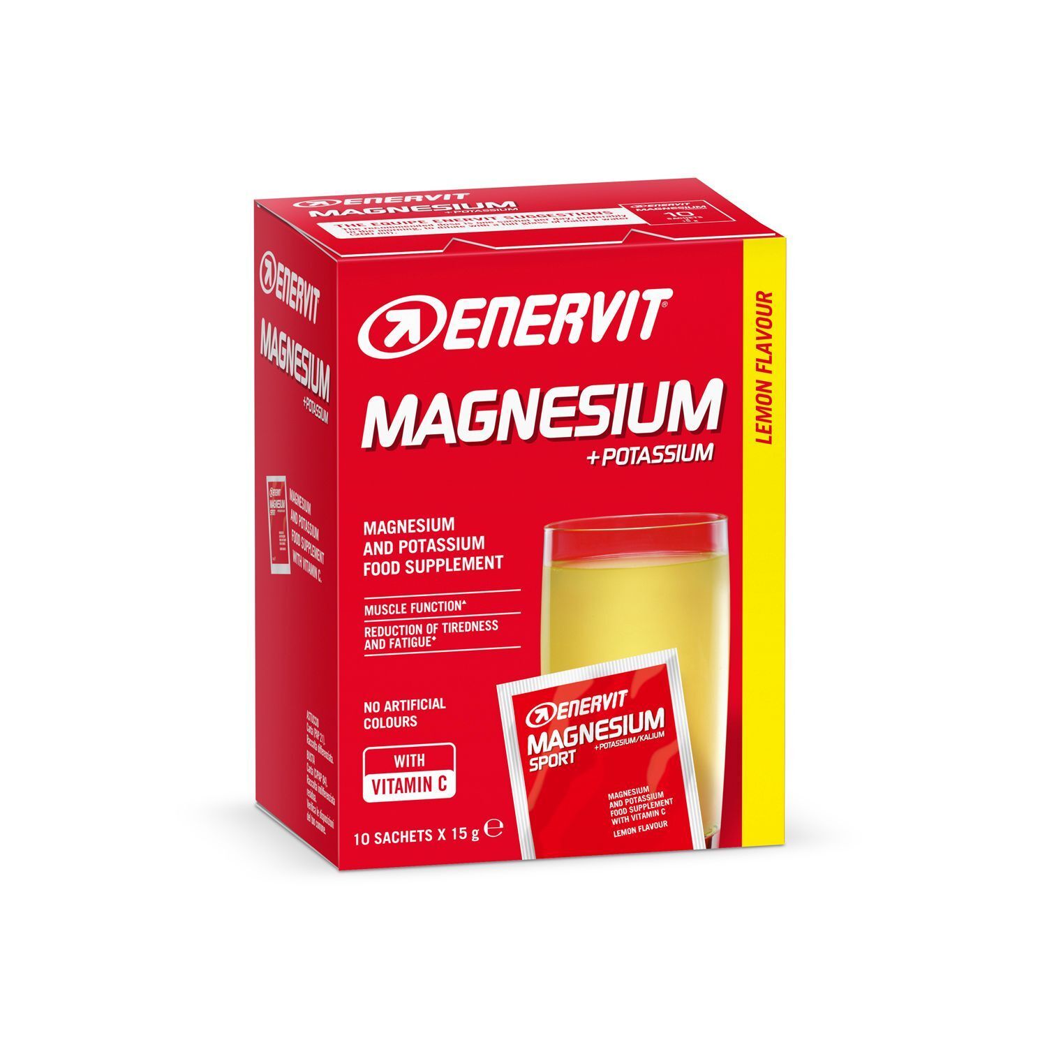 Una confezione di ENERVIT Magnesio + Potassio, gusto limone, con Vitamina C. Contiene 10 bustine.