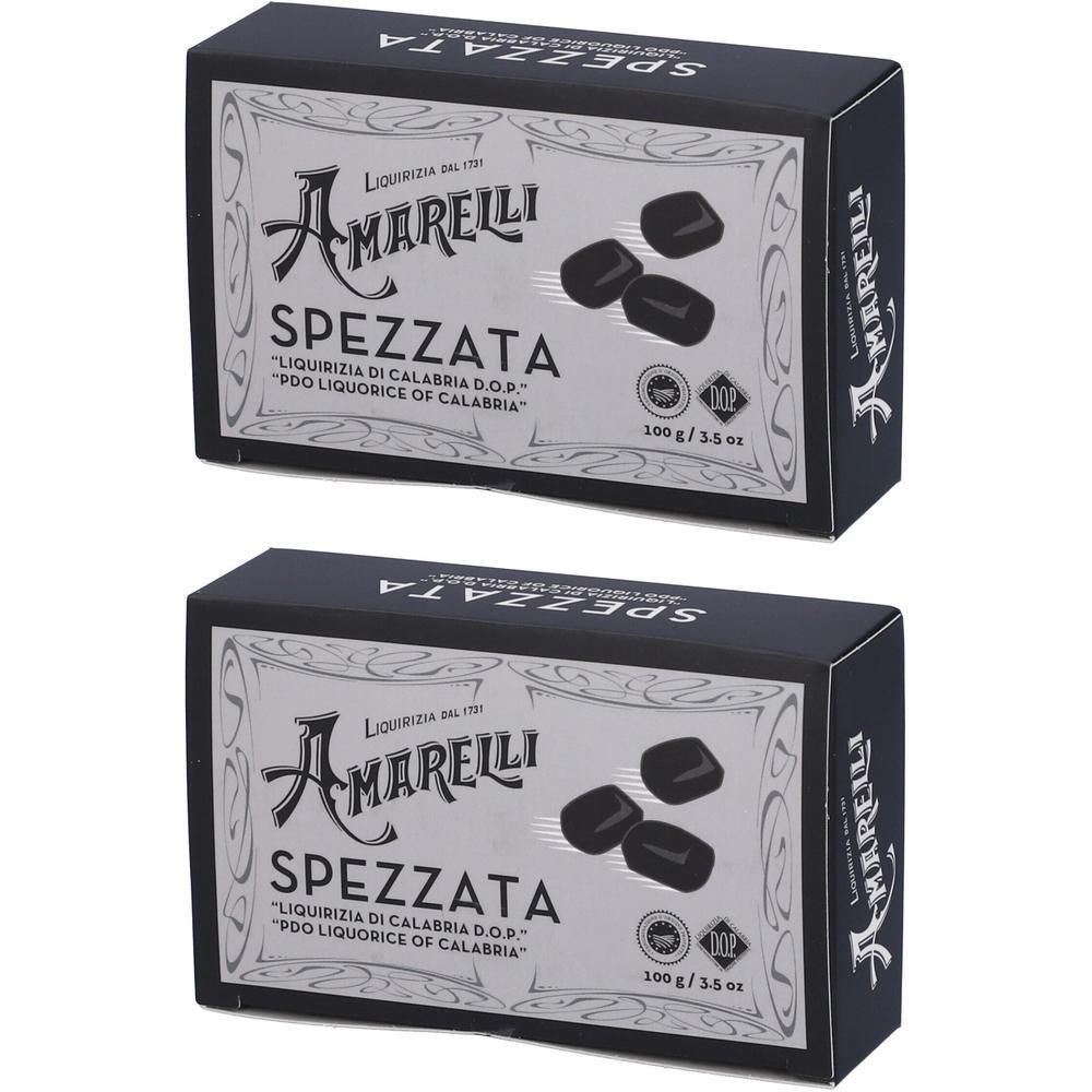 Due scatole di Amarelli Spezzata liquirizia, ciascuna 100g.