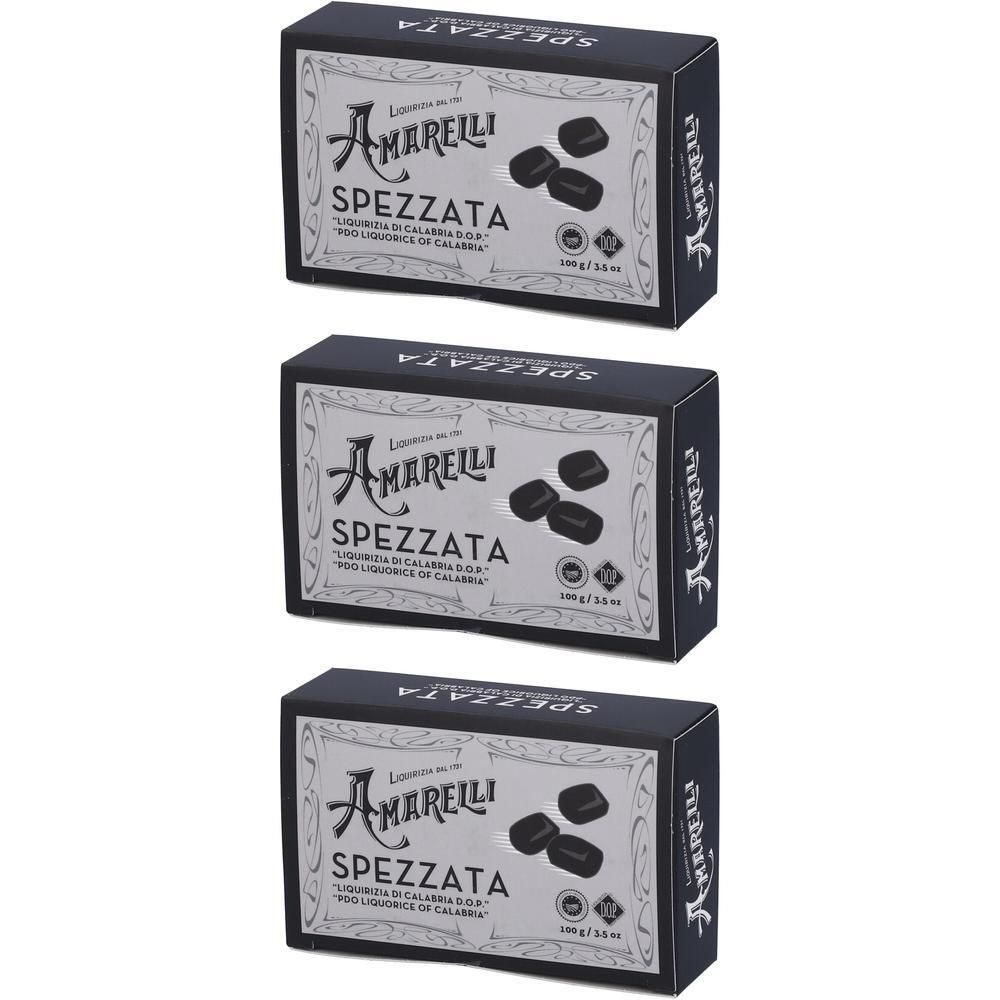 Tre scatole di Amarelli Liquirizia Nera Spezzata, pezzi di liquirizia nera.