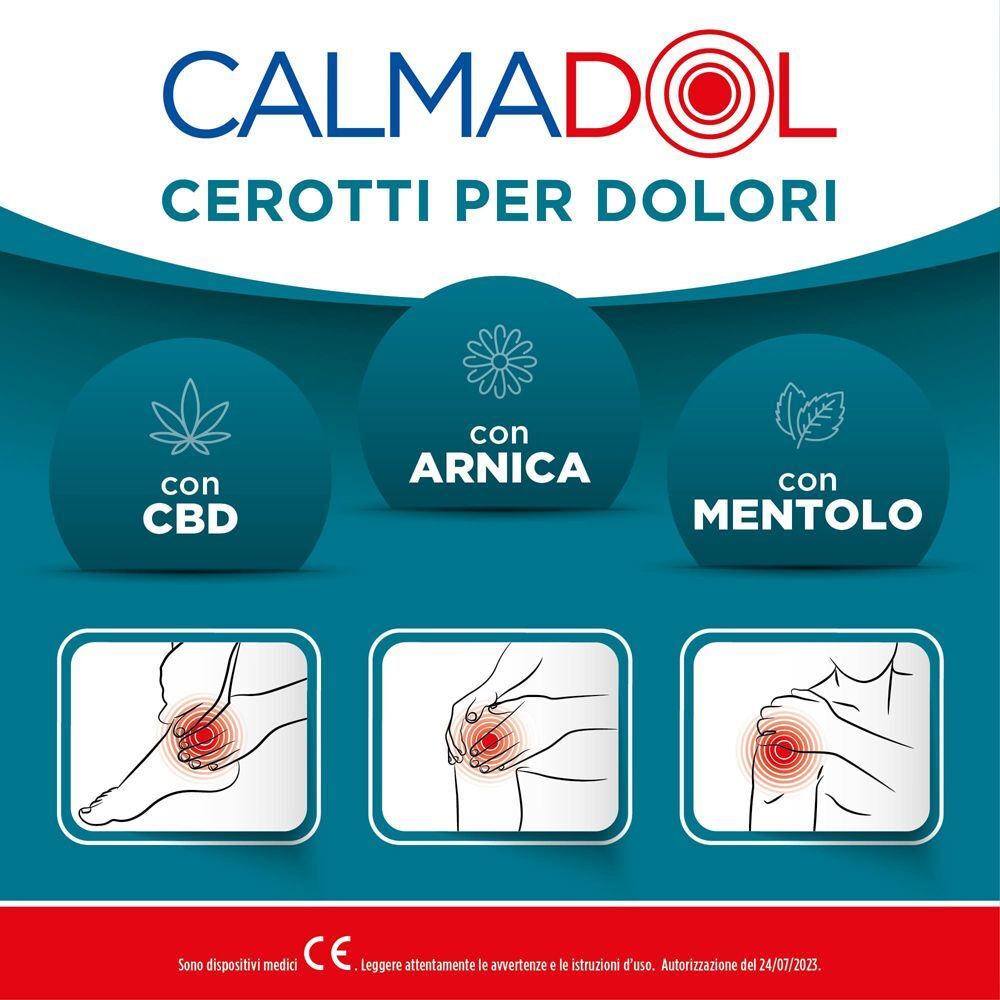 Fronte di una confezione di cerotti antidolorifici Calmadol. Mostra ingredienti come CBD, Arnica e Mentolo.