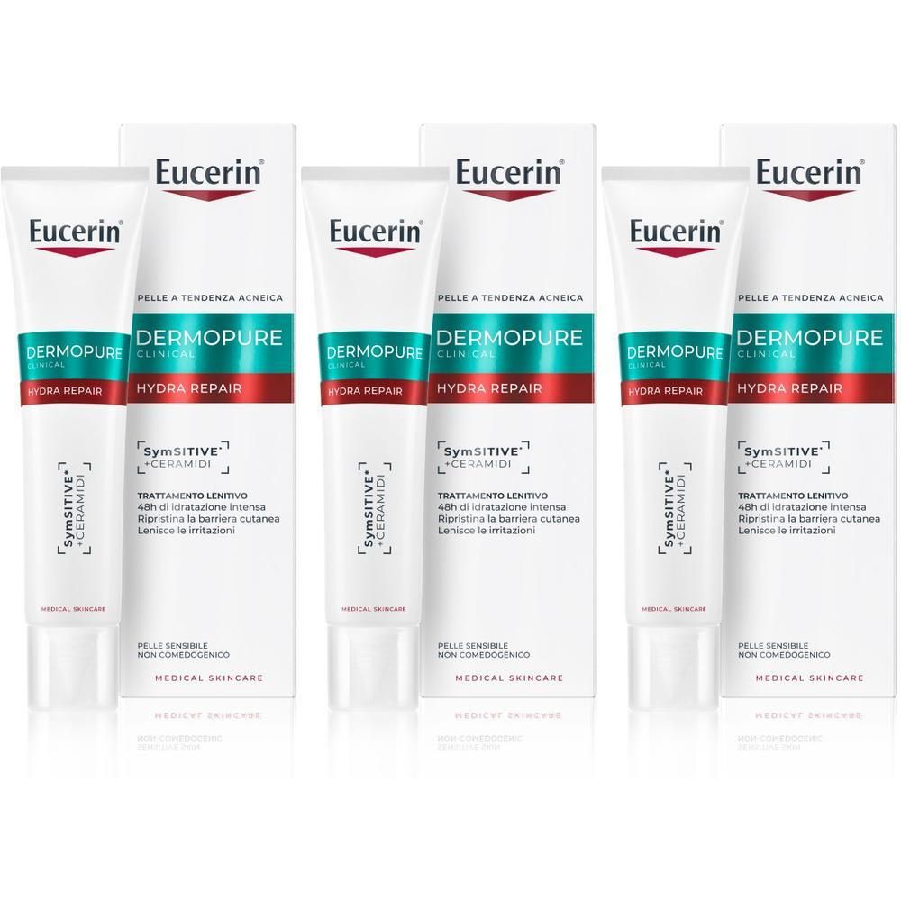 Tre tubi e confezioni Eucerin Dermopure Hydra Repair.