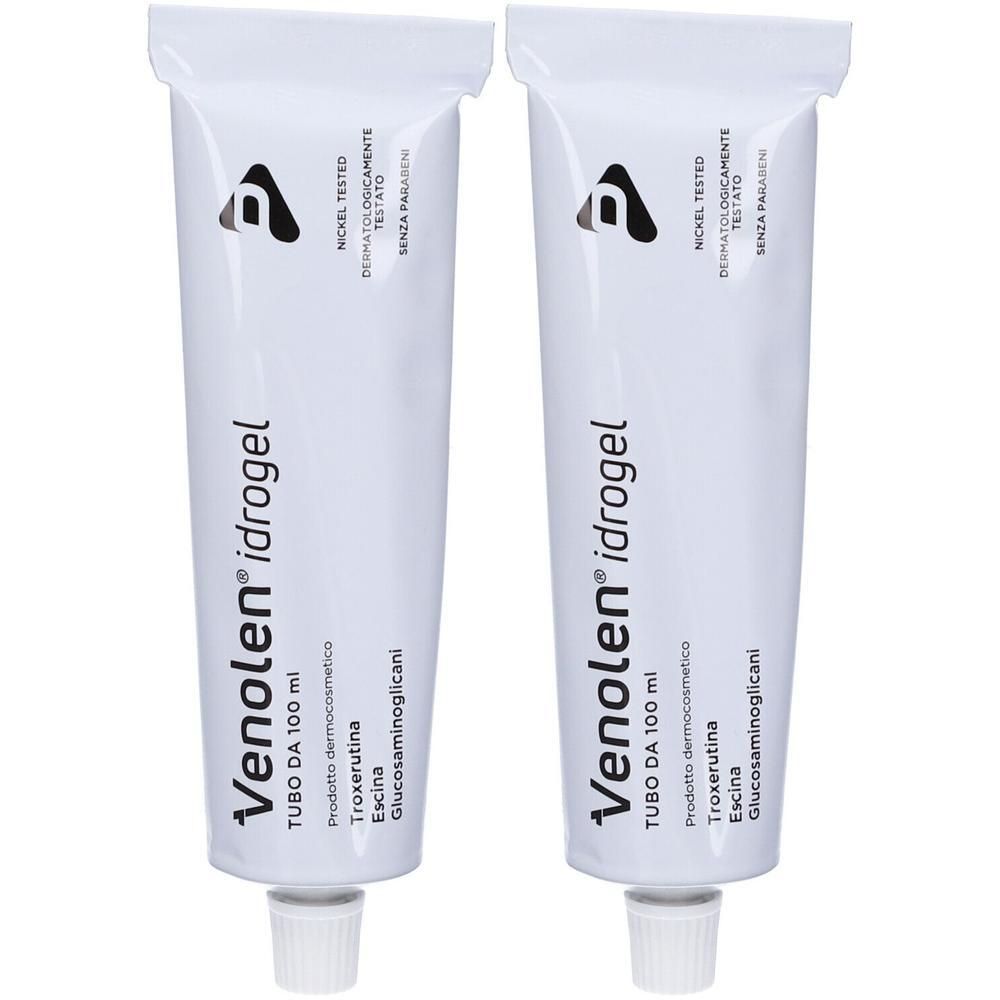 Due tubi di Venolen Idrogel, 100 ml ciascuno. Testato dermatologicamente.