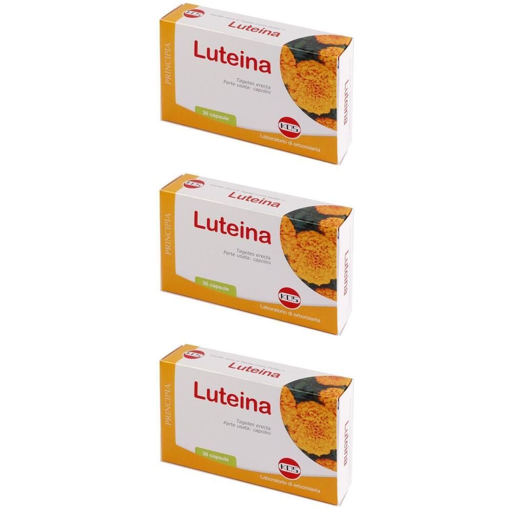 Tre confezioni di capsule KOS Luteina con scritta 'Luteina' e immagine di calendula.