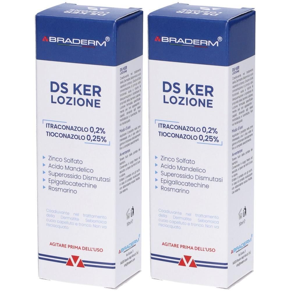 Due scatole di Bruderm DS Ker Lozione con Itraconazolo 0,2% e Tioconazolo 0,25%.