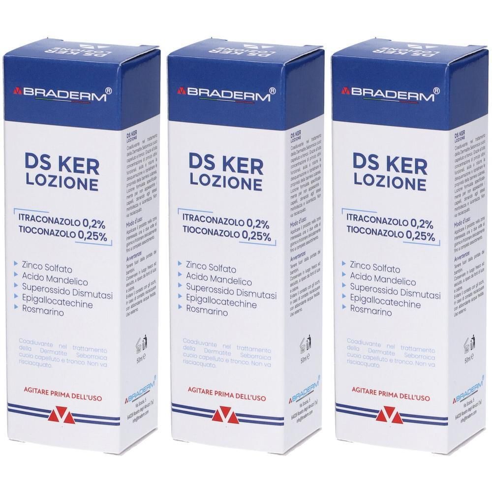 Tre confezioni di Lozione Brader DS Ker con Itraconazolo 0,2% e Tioconazolo 0,25%.