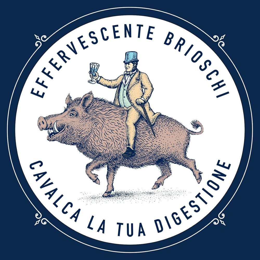 Logo Effervescente Brioschi: uomo a cavallo di un cinghiale, slogan sulla digestione.