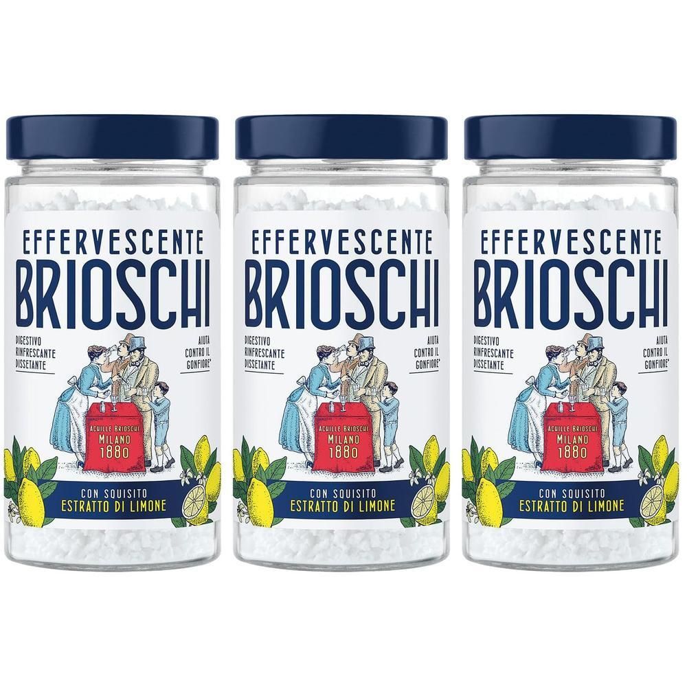 Tre vasi di Effervescente Brioschi granulare al limone. Illustrazione classica sull'etichetta.