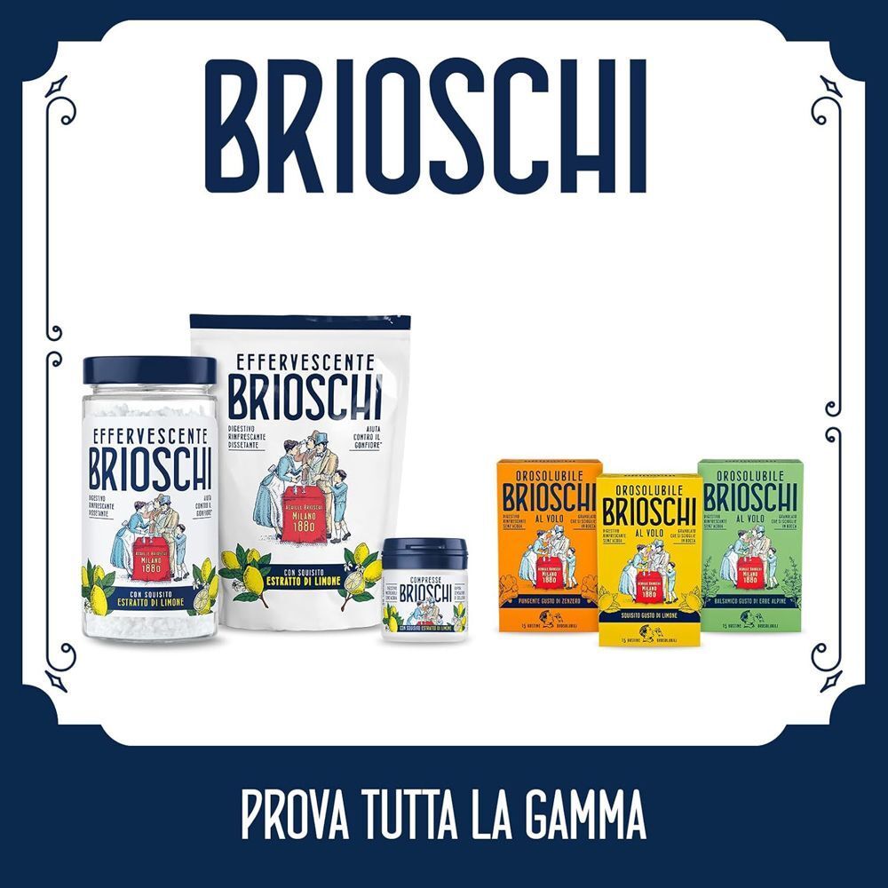 Gamma di prodotti Effervescente Brioschi: vasi, buste e scatole di varie dimensioni.