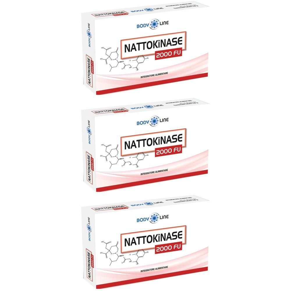 Tre confezioni di Nattokinase 2000 FU di Body Line con formula chimica.