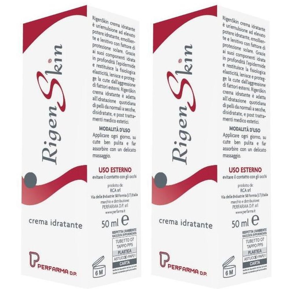 Due tubi di crema idratante Rigen Skin con dettagliate informazioni sul prodotto.