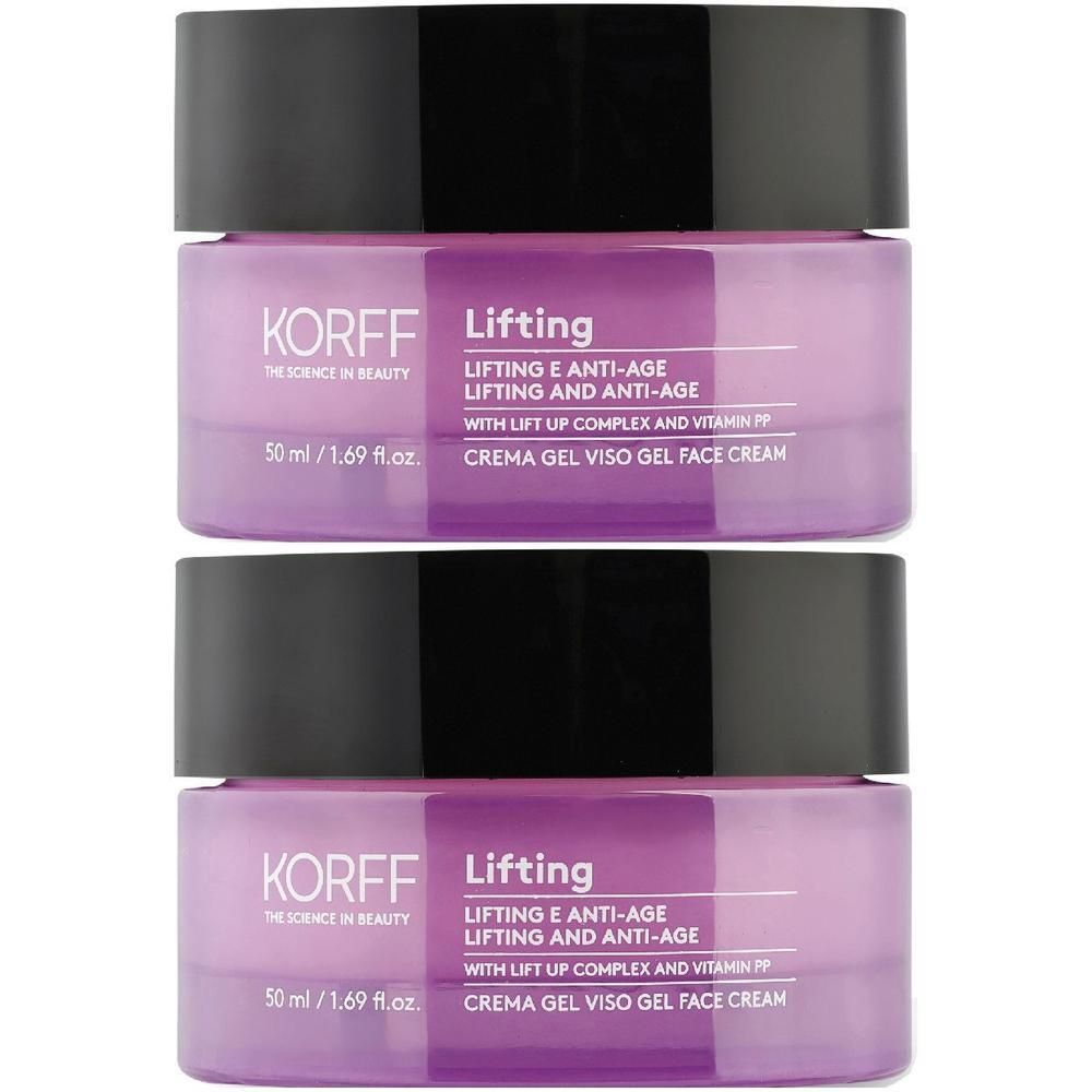 Due vasetti di crema viso KORFF Lifting con etichette viola e coperchi neri.