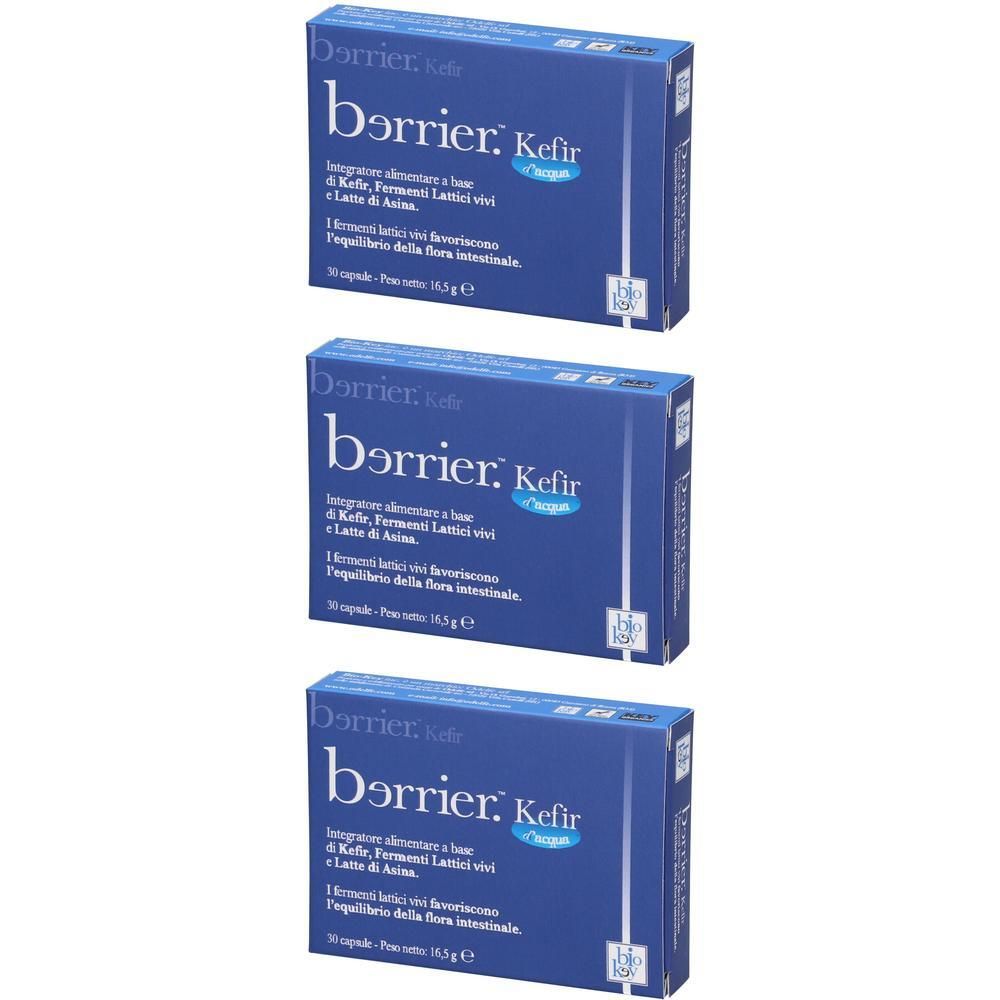 Tre confezioni di Barrier Kefir, integratore alimentare in capsule.