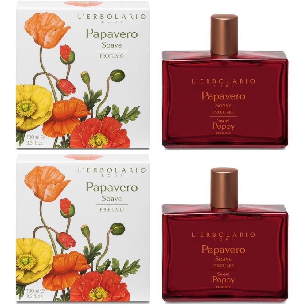 Due scatole e due flaconi di profumo L'Erbolario Papavero Soave.
