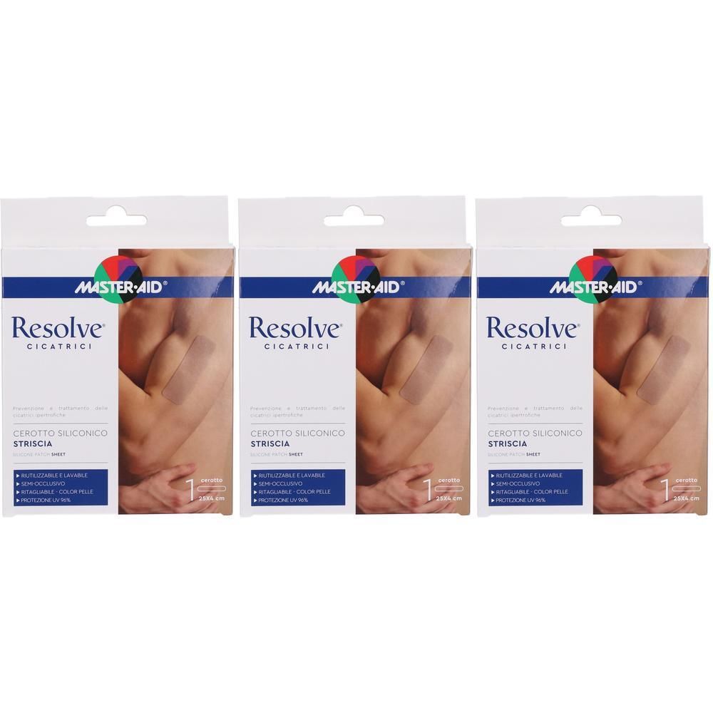 Tre confezioni di cerotti silicone Resolve Cicatrici Striscia SPF50+ con pelle visibile.