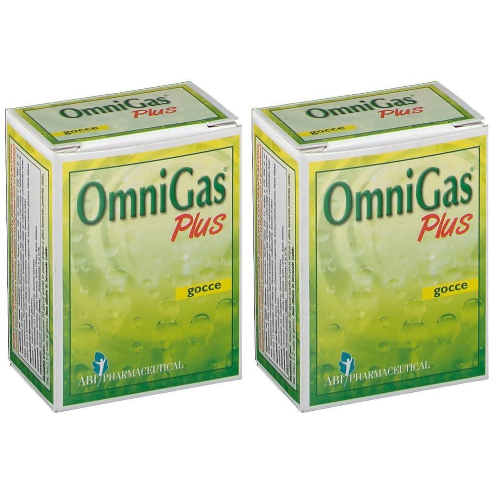 Due confezioni di OmniGas Plus Gocce con fronte verde e giallo e informazioni sul prodotto.