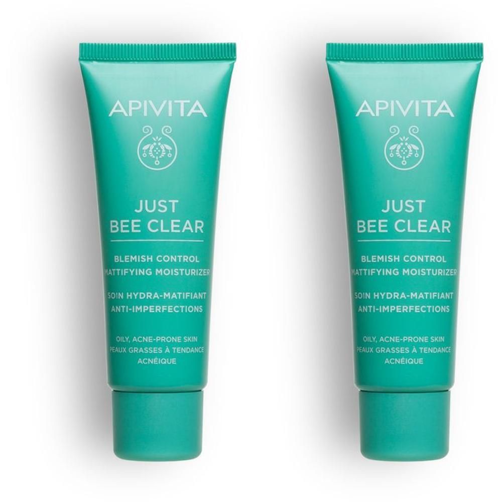 Due creme viso idratanti opacizzanti Apivita Just Bee Clear anti-imperfezioni.