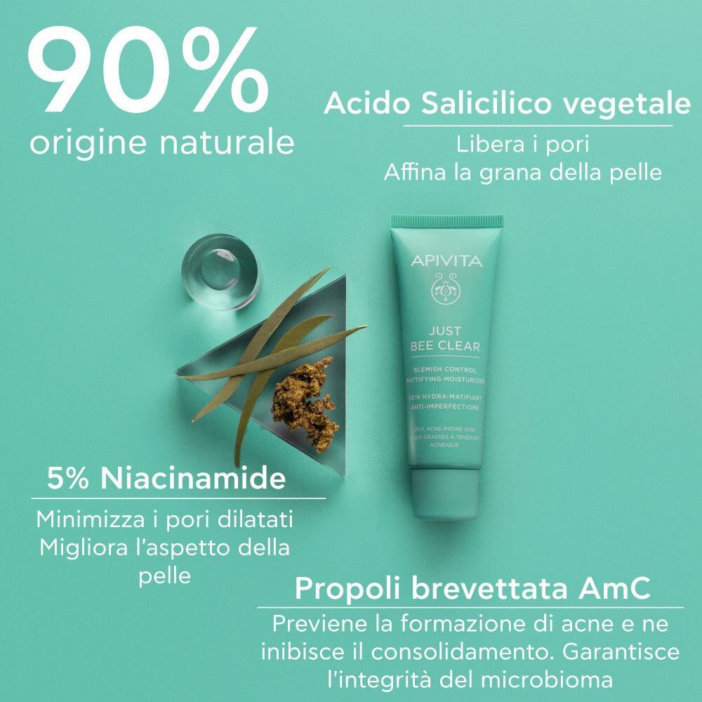 Crema viso idratante opacizzante Apivita Just Bee Clear con ingredienti naturali.