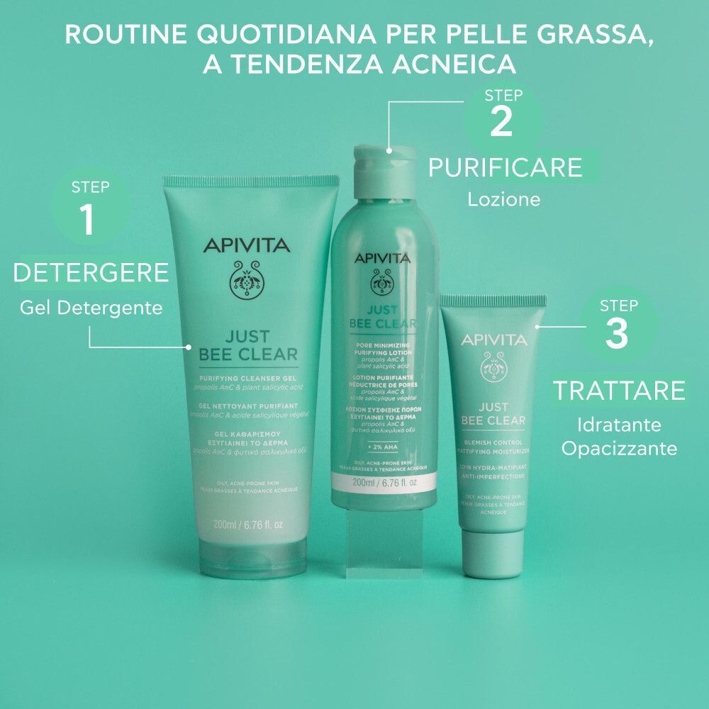 Routine Apivita Just Bee Clear: gel detergente, lozione e crema idratante opacizzante.
