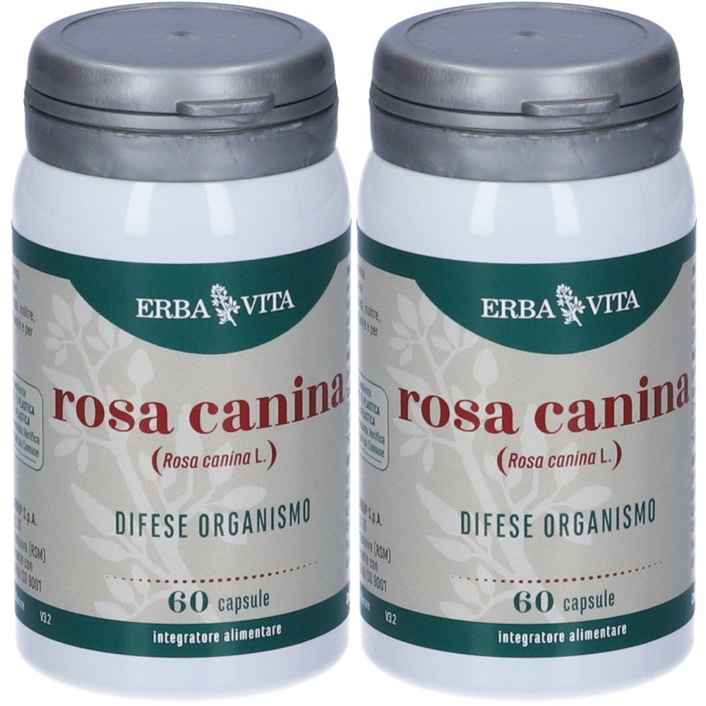 Due flaconi Erba Vita Rosa Canina da 60 capsule per le difese dell'organismo.