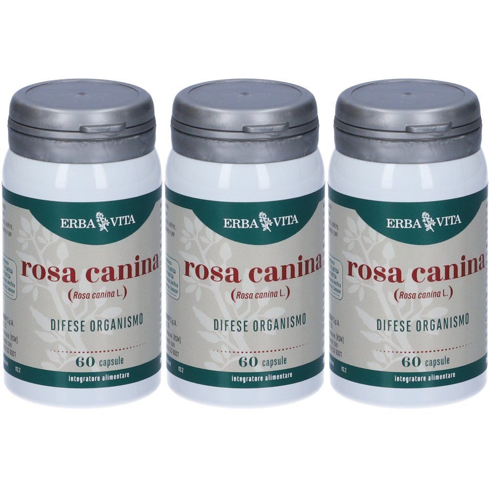 Tre flaconi Erba Vita Rosa Canina, 60 capsule per flacone.