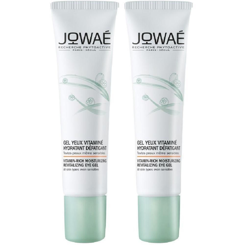 Due tubetti Jowaé Gel Contorno Occhi Vitaminizzato, design bianco e verde chiaro.