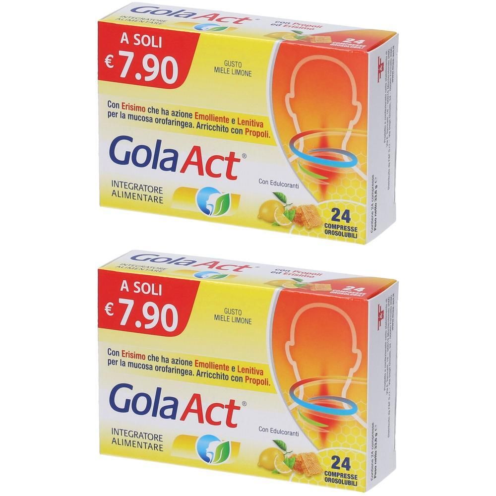 Due confezioni di Gola Act integratore alimentare, gusto miele limone, 24 compresse.