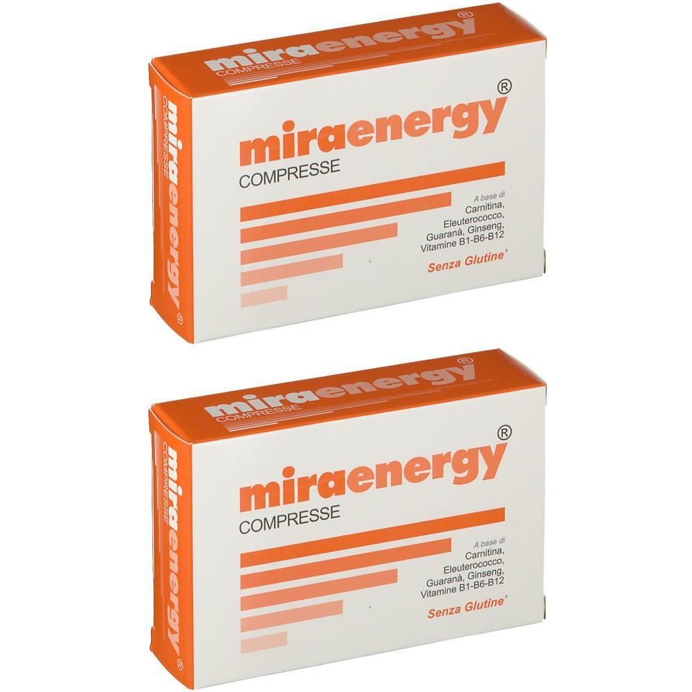 Due scatole Miraenergy Compresse, arancioni e bianche.