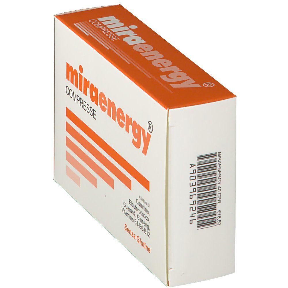 Scatola Miraenergy Compresse, vista di tre quarti anteriore sinistra, arancione e bianca.
