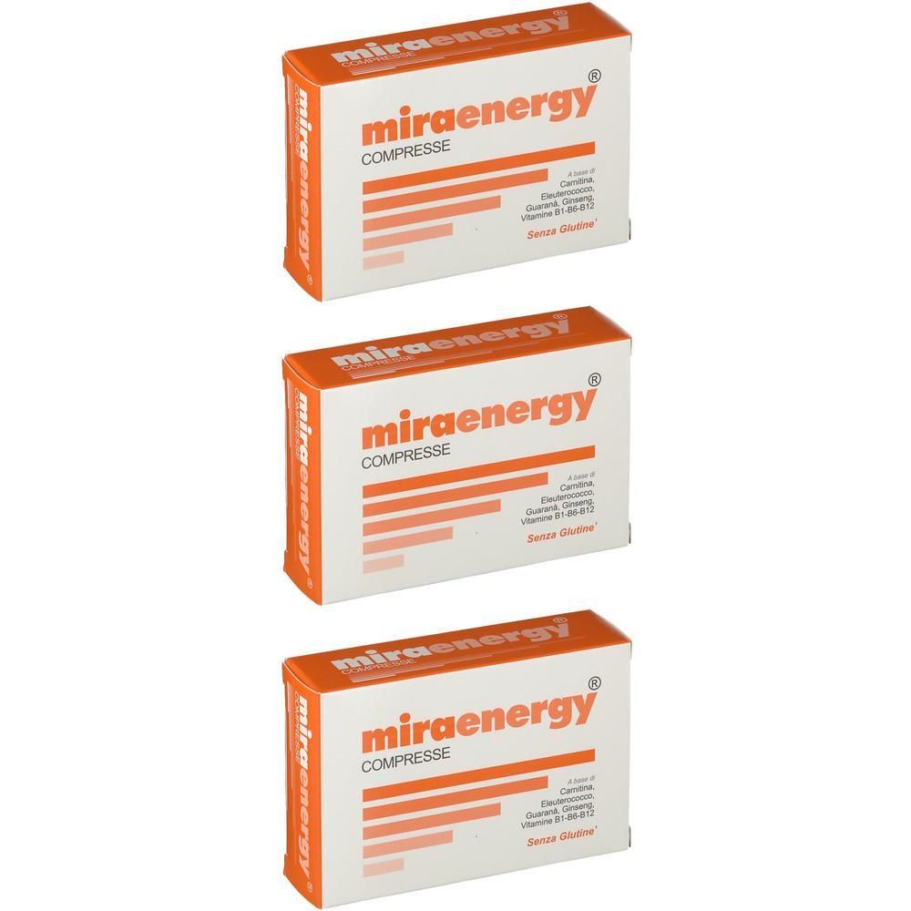 Tre scatole di Miraenergy Compresse, confezione bianco-arancio con informazioni sul prodotto.