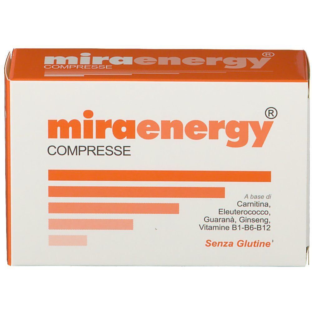 Una scatola di Miraenergy Compresse, fronte con logo, nome prodotto e ingredienti.