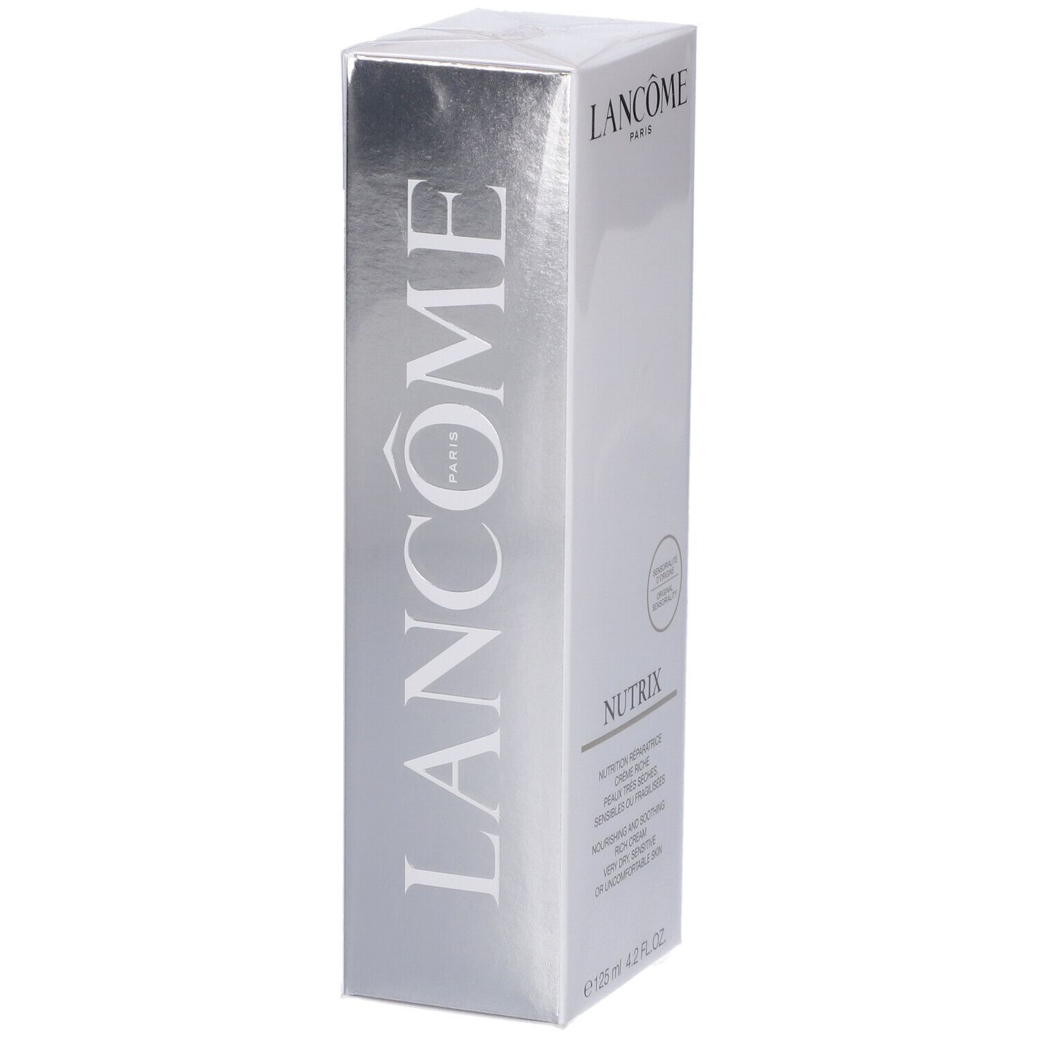 Lancôme Nutrix Nourishing and Soothing Rich Cream Verpackung. Silberner Karton mit vertikalem Lancôme-Schriftzug und Produktinformationen.