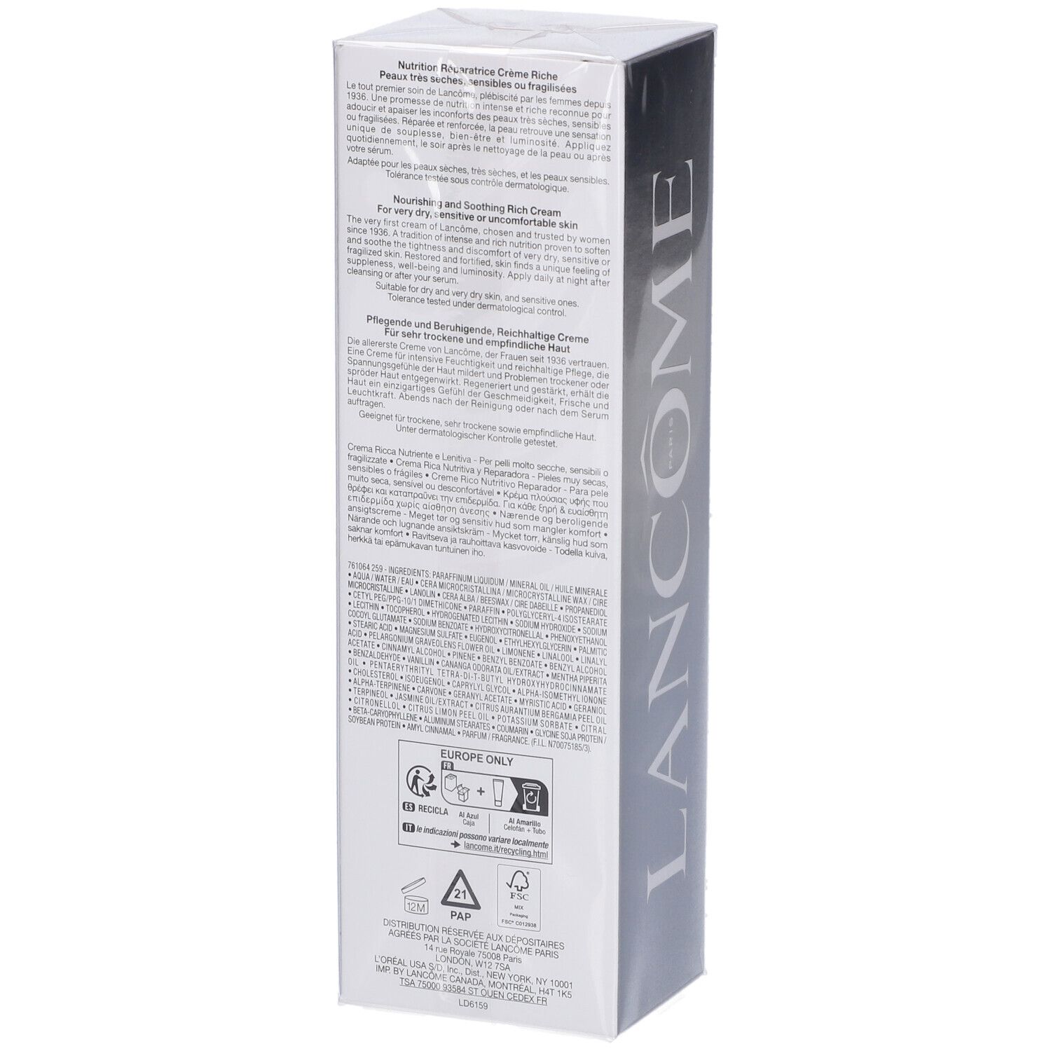 Rückseite der Lancôme Nutrix Creme-Verpackung. Enthält detaillierte Produktinformationen und Anwendungshinweise in mehreren Sprachen.