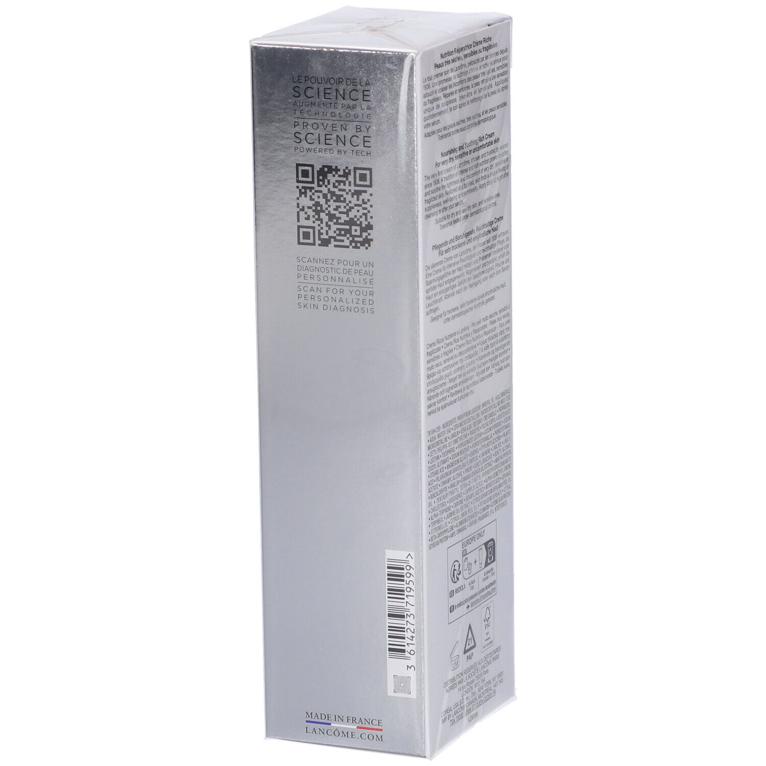 Seite der Lancôme Nutrix Creme-Verpackung. Zeigt einen QR-Code, Informationen zur Wissenschaft und Herstellungsland 'Made in France'.