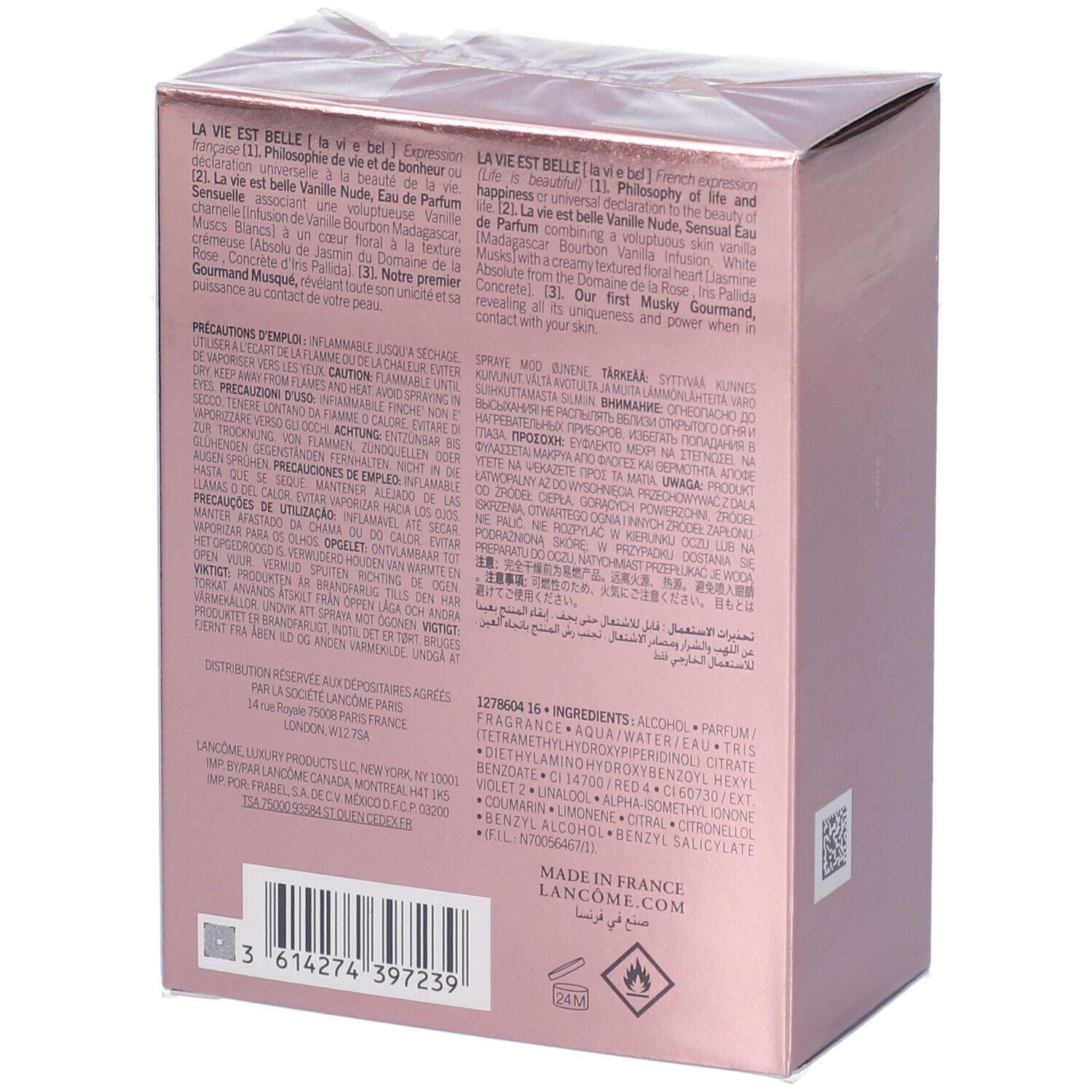 Lancôme La Vie Est Belle Vanille Nude Eau de Parfum 30ml Verpackung, Rückseite mit Details.