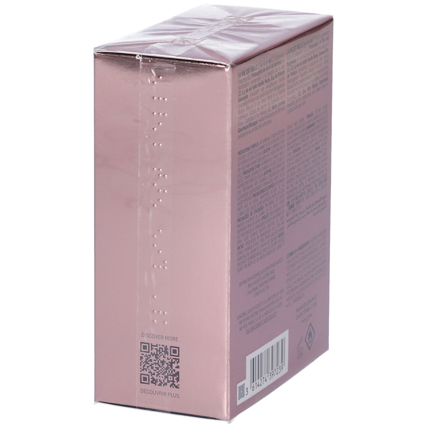 Lancôme La Vie Est Belle Vanille Nude Eau de Parfum 30ml Verpackung, Seite mit QR-Code.