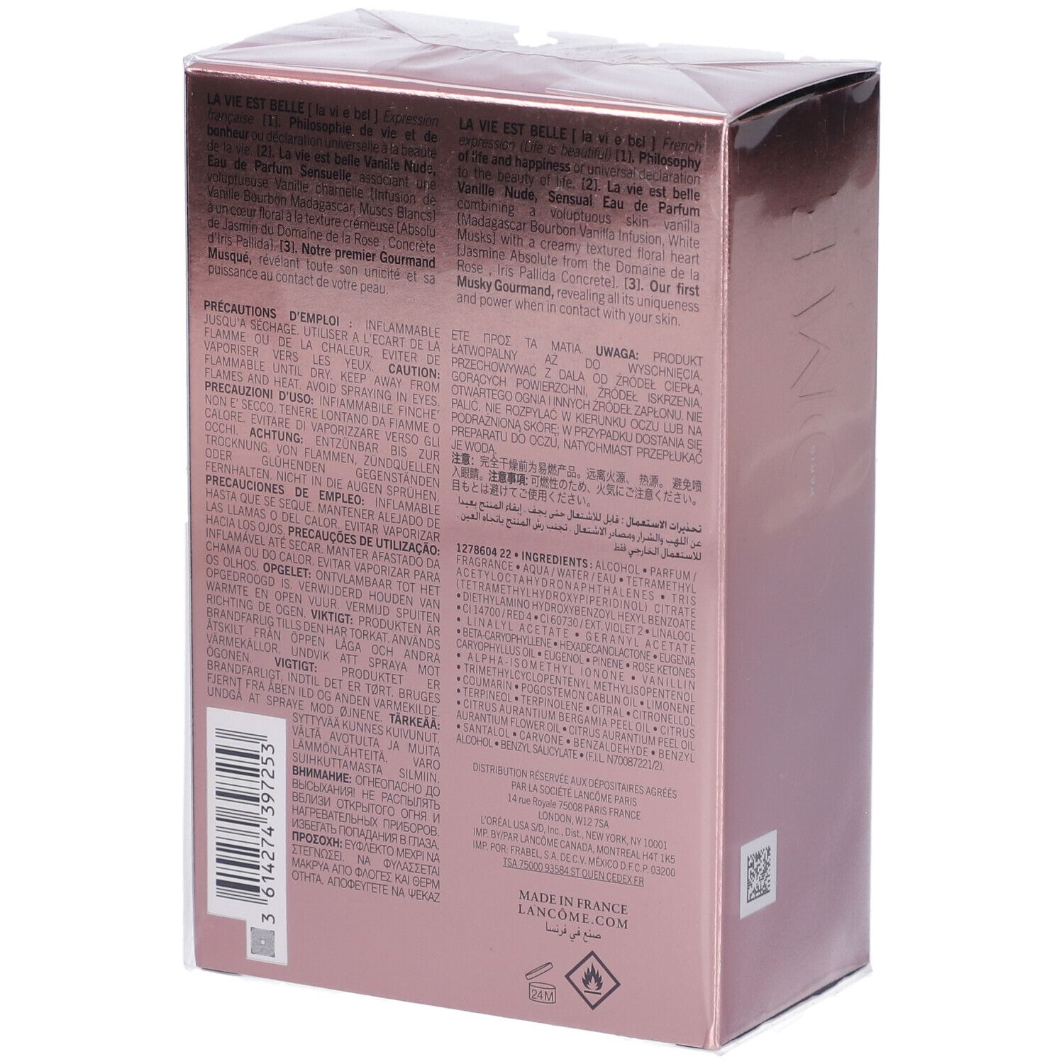 Lancôme La Vie Est Belle Vanille Nude Eau de Parfum 100ml Umverpackung, Rückseite mit Text.