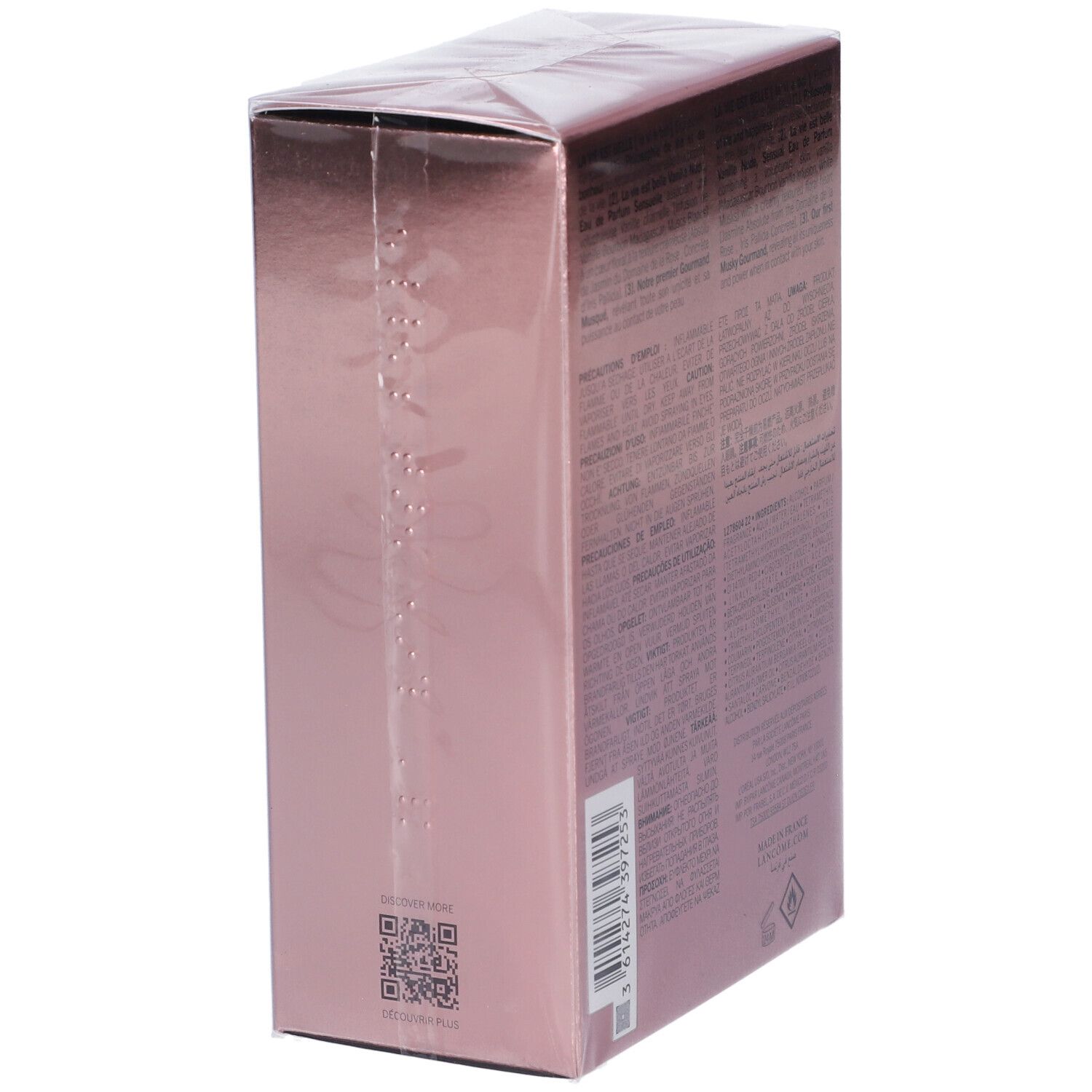 Lancôme La Vie Est Belle Vanille Nude Eau de Parfum 100ml Umverpackung, Seite mit QR-Code.