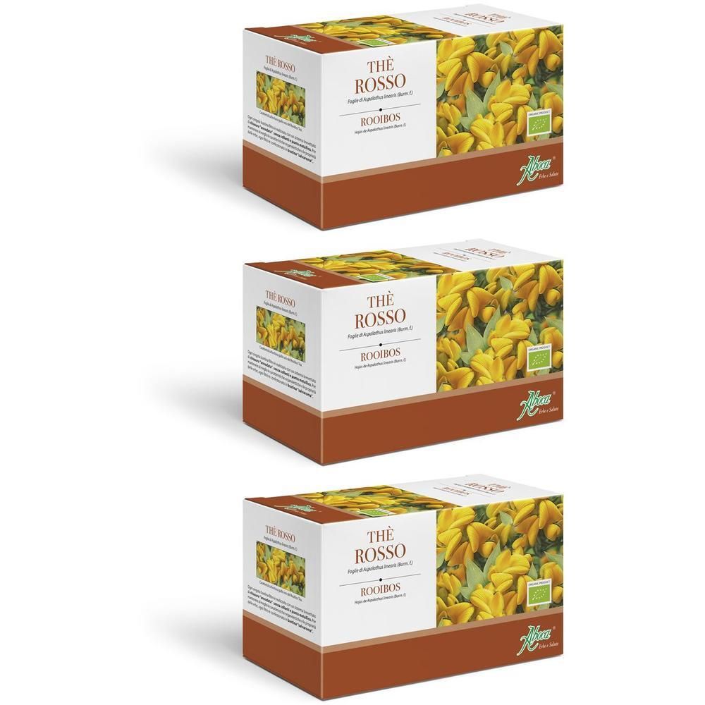 Tre confezioni di tè Aboca Rooibos con fiori gialli.