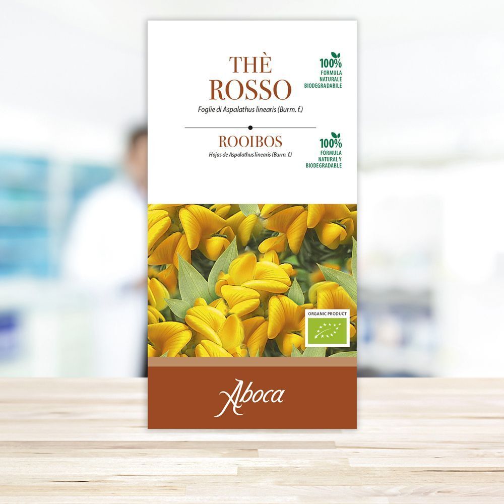Confezione di tè Aboca Rooibos, fronte con fiori gialli e marchio bio.
