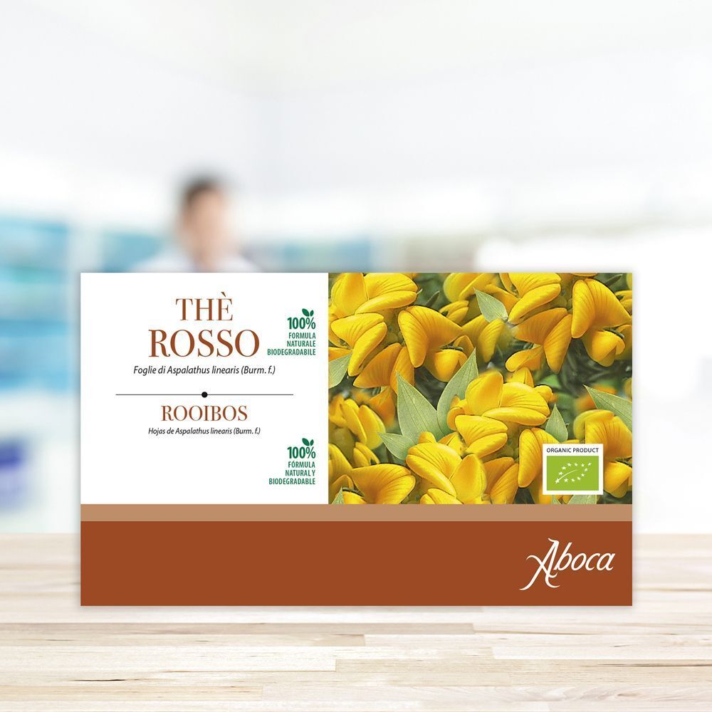 Confezione di Aboca Thè Rosso Rooibos con fiori gialli e marchio bio.