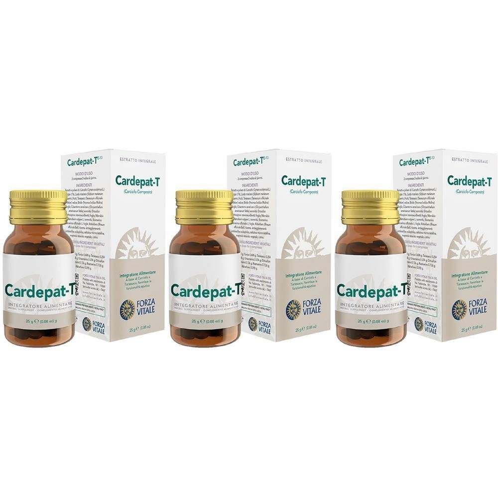 Tre flaconi di Cardepat-T con tappi dorati e scatole bianche. Ogni flacone contiene 30g.